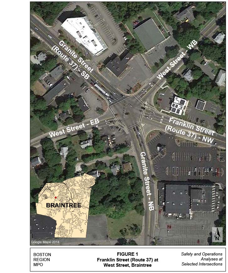 Figure 1, Franklin Street (Route 37) at West Street, Braintree.
Figure 1 is titled “Franklin Street (Route 37) at West Street, Braintree.” It is an aerial photo of the intersection; the roadways that form the intersection are labeled in the photo: Franklin Street, which is Route 37 at the eastern approach; West Street, two approaches; and Granite Street, which is called Route 37 at the northwestern approach but not at the southern approach. There is also an inset map in the corner of the photo that shows where the intersection is located within Braintree.